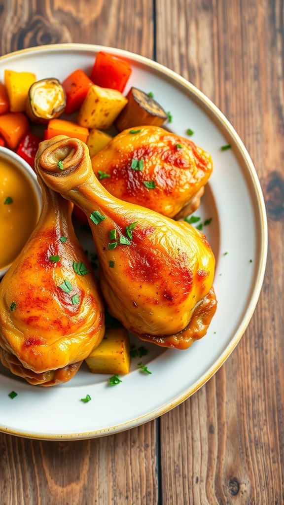 Oven-baked chicken drumsticks on a plate with herbs and roasted vegetables.